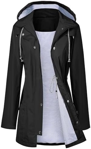 Women Rain Jacket Belted Adjustment Hooded Long Lightweight Packable